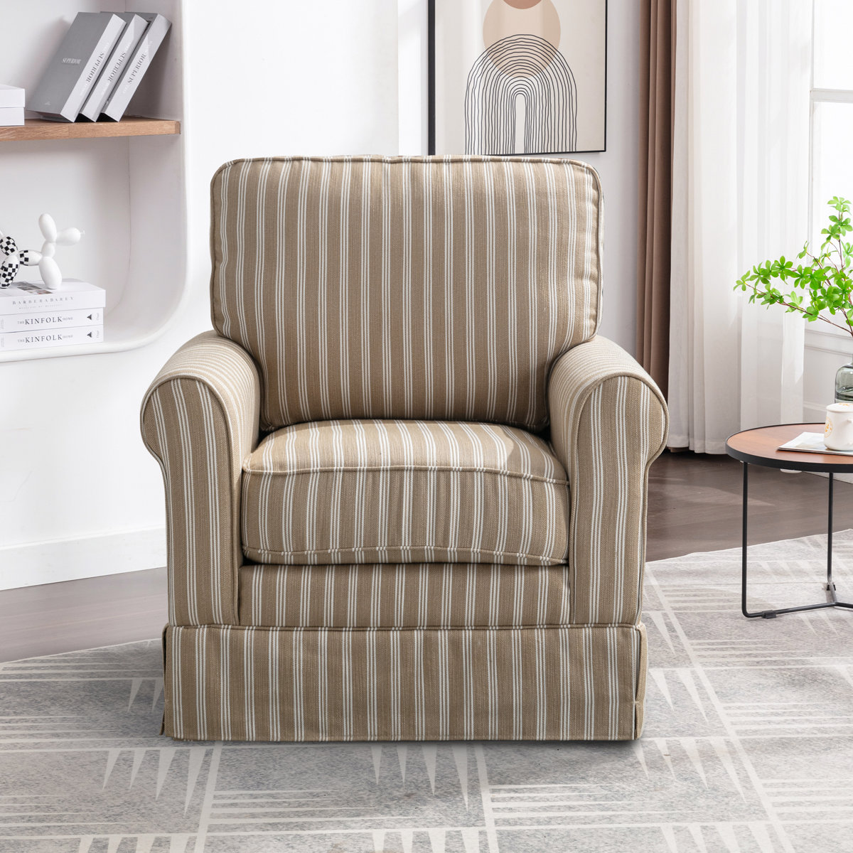 Eilzabeth 33" W Modern Soft Wide Upholstered Striped Swivel Arm Accent Chair